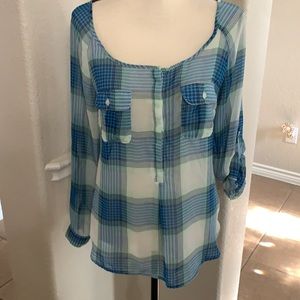Old Navy sheer blue plaid chiffon top blouse shirt Size S